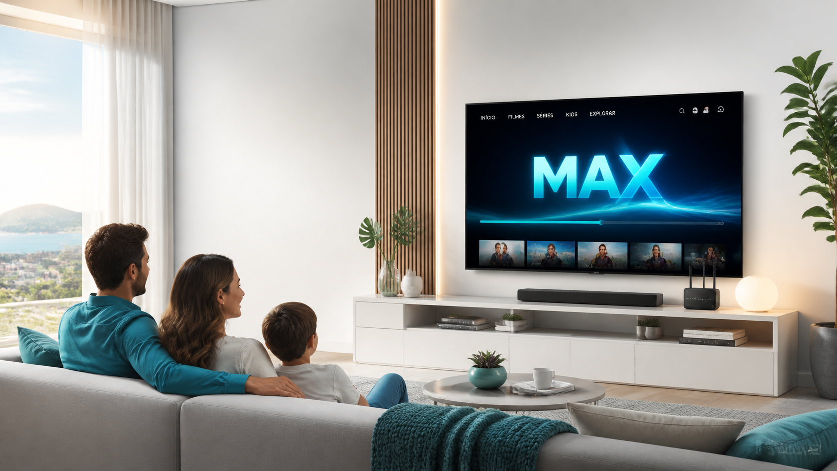 Família reunida em sala iluminada com TV e conexão premium da VIP Telecom