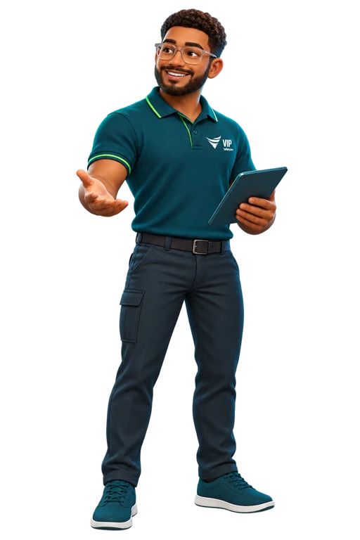 Mascote da VIP Telecom de corpo inteiro, com o logo da empresa na camisa